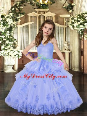 Classical Lavender Ball Gowns Straps Sleeveless Tulle Floor Length Lace Up Appliques Pageant Dress for Teens