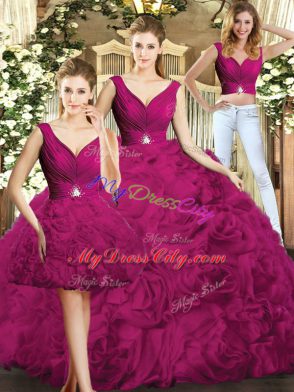 Excellent Fuchsia V-neck Neckline Beading Sweet 16 Quinceanera Dress Sleeveless Backless