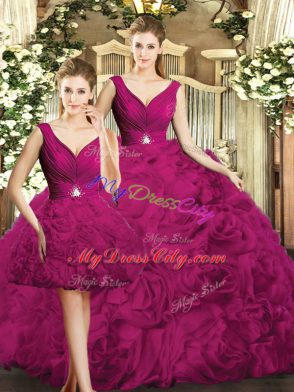 Excellent Fuchsia V-neck Neckline Beading Sweet 16 Quinceanera Dress Sleeveless Backless