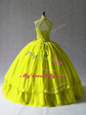 Comfortable Yellow Green Lace Up 15th Birthday Dress Appliques Sleeveless Floor Length