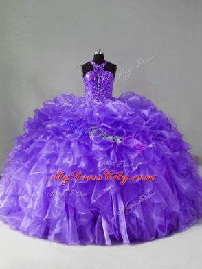 Free and Easy Lavender Halter Top Zipper Beading and Ruffles Quinceanera Dress Brush Train Sleeveless