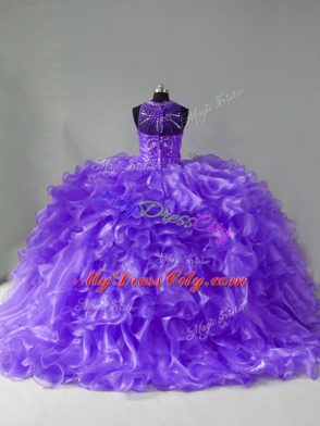 Free and Easy Lavender Halter Top Zipper Beading and Ruffles Quinceanera Dress Brush Train Sleeveless