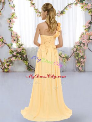 Fashion Gold Sleeveless Hand Made Flower Lace Up Dama Dress for Quinceanera