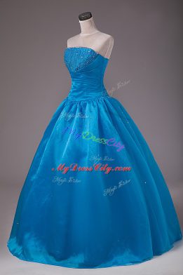 Free and Easy Blue Ball Gowns Beading Quinceanera Dresses Lace Up Organza Sleeveless Floor Length