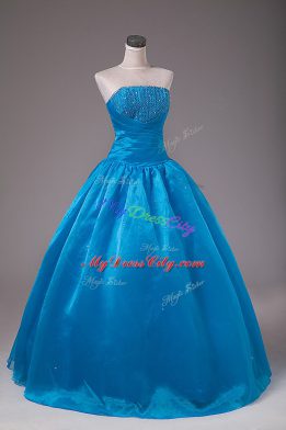 Free and Easy Blue Ball Gowns Beading Quinceanera Dresses Lace Up Organza Sleeveless Floor Length