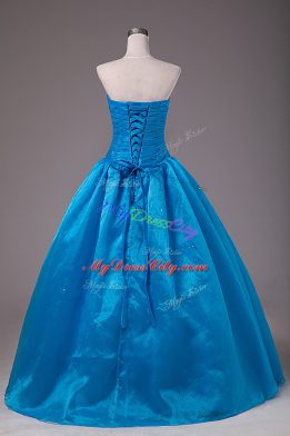 Free and Easy Blue Ball Gowns Beading Quinceanera Dresses Lace Up Organza Sleeveless Floor Length