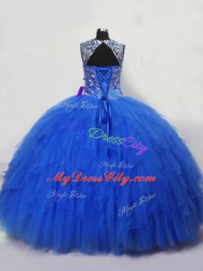 Blue Sleeveless Tulle Lace Up Quinceanera Gowns for Sweet 16 and Quinceanera