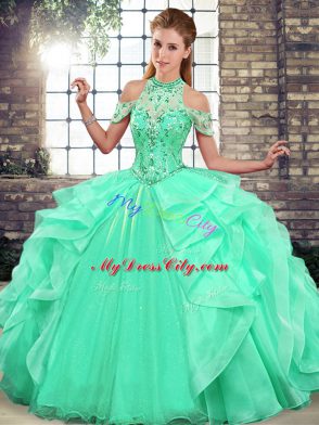 Shining Apple Green Halter Top Lace Up Beading and Ruffles Quinceanera Dress Sleeveless