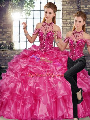 Fuchsia Quinceanera Gown Military Ball and Sweet 16 and Quinceanera with Beading and Ruffles Halter Top Sleeveless Lace Up