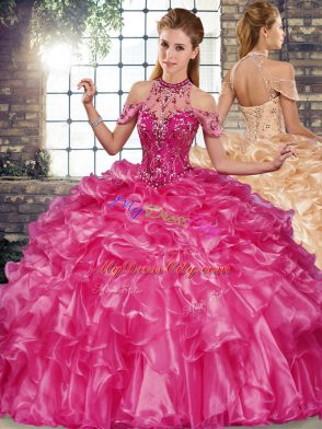 Fuchsia Quinceanera Gown Military Ball and Sweet 16 and Quinceanera with Beading and Ruffles Halter Top Sleeveless Lace Up