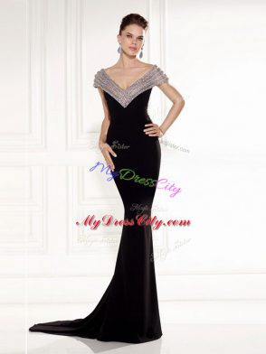 Graceful Brush Train Mermaid Prom Evening Gown Black V-neck Chiffon Sleeveless Backless