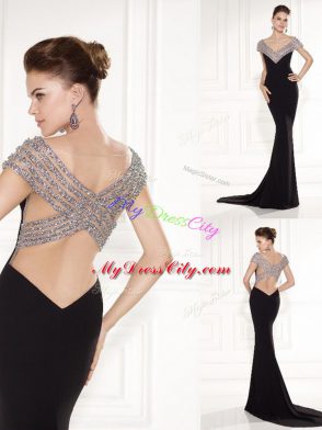 Graceful Brush Train Mermaid Prom Evening Gown Black V-neck Chiffon Sleeveless Backless