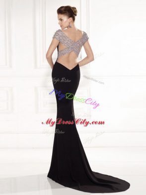 Graceful Brush Train Mermaid Prom Evening Gown Black V-neck Chiffon Sleeveless Backless