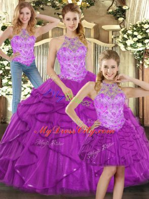 Purple 15 Quinceanera Dress Sweet 16 and Quinceanera with Beading and Ruffles Halter Top Sleeveless Lace Up