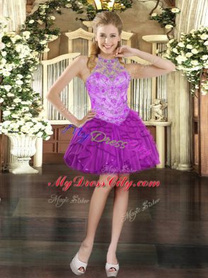 Purple 15 Quinceanera Dress Sweet 16 and Quinceanera with Beading and Ruffles Halter Top Sleeveless Lace Up