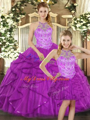 Purple 15 Quinceanera Dress Sweet 16 and Quinceanera with Beading and Ruffles Halter Top Sleeveless Lace Up