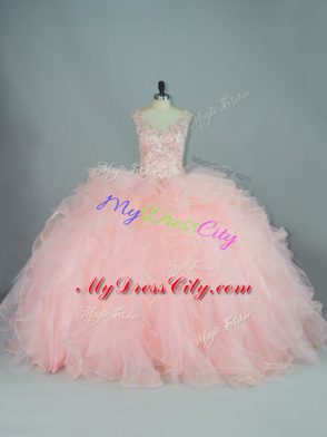 Glamorous Lace Up 15th Birthday Dress Peach for Quinceanera with Ruffles