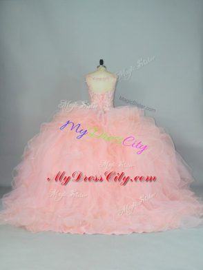 Glamorous Lace Up 15th Birthday Dress Peach for Quinceanera with Ruffles