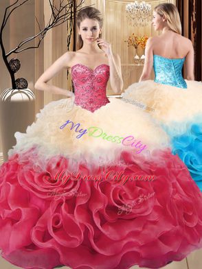 Delicate Floor Length Lace Up Quinceanera Gown Red for Sweet 16 and Quinceanera with Beading and Ruffles