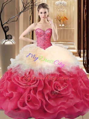 Delicate Floor Length Lace Up Quinceanera Gown Red for Sweet 16 and Quinceanera with Beading and Ruffles