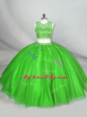 Eye-catching Floor Length Green Quince Ball Gowns Tulle Sleeveless Beading and Appliques