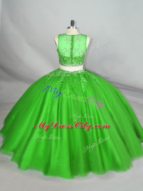 Eye-catching Floor Length Green Quince Ball Gowns Tulle Sleeveless Beading and Appliques