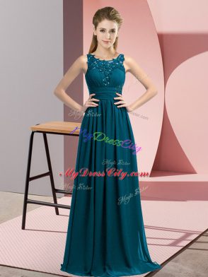 Beauteous Teal Empire Scoop Sleeveless Chiffon Floor Length Zipper Beading and Appliques Wedding Party Dress