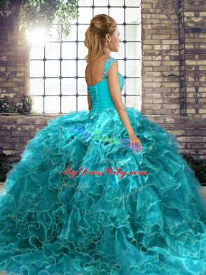 Sleeveless Brush Train Lace Up Beading and Ruffles 15 Quinceanera Dress