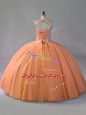 Orange Sleeveless Floor Length Beading Lace Up Sweet 16 Dresses