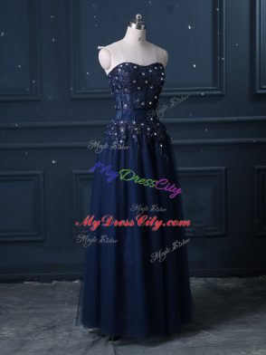 Inexpensive Column/Sheath Evening Dress Navy Blue Sweetheart Tulle Sleeveless Floor Length Zipper