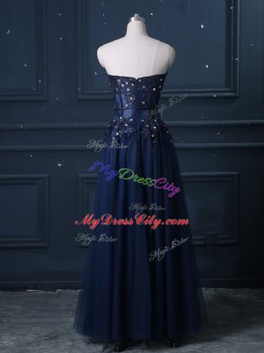 Inexpensive Column/Sheath Evening Dress Navy Blue Sweetheart Tulle Sleeveless Floor Length Zipper