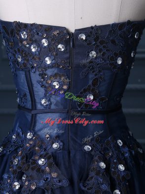 Inexpensive Column/Sheath Evening Dress Navy Blue Sweetheart Tulle Sleeveless Floor Length Zipper