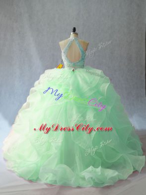 Best Apple Green Halter Top Neckline Beading and Ruffles Sweet 16 Quinceanera Dress Sleeveless Backless