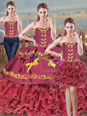 Popular Burgundy Satin and Organza Lace Up 15 Quinceanera Dress Sleeveless Brush Train Embroidery and Ruffles