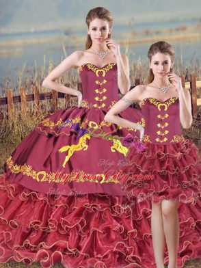 Popular Burgundy Satin and Organza Lace Up 15 Quinceanera Dress Sleeveless Brush Train Embroidery and Ruffles