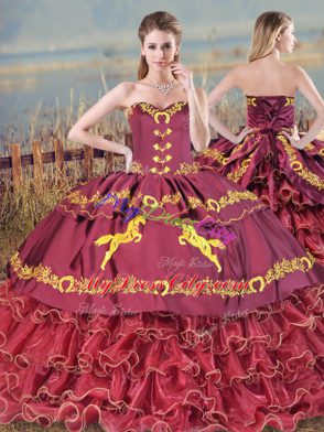 Popular Burgundy Satin and Organza Lace Up 15 Quinceanera Dress Sleeveless Brush Train Embroidery and Ruffles