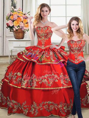 Great Red Sleeveless Satin and Organza Lace Up Quinceanera Gown for Sweet 16 and Quinceanera