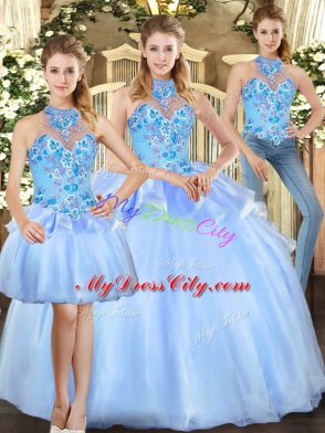 Custom Fit Sleeveless Lace Up Floor Length Embroidery 15th Birthday Dress