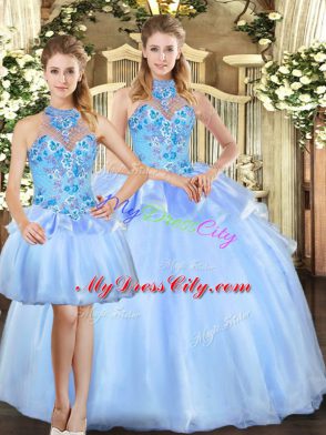 Custom Fit Sleeveless Lace Up Floor Length Embroidery 15th Birthday Dress