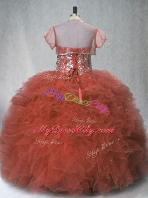 Beauteous Sleeveless Floor Length Beading and Ruffles Lace Up Quince Ball Gowns with Rust Red