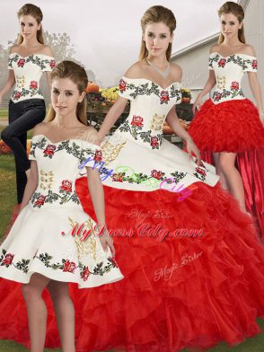 Hot Sale Floor Length White And Red Quinceanera Dresses Off The Shoulder Sleeveless Lace Up