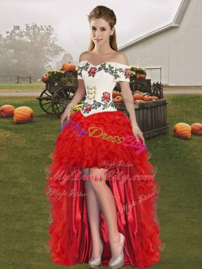 Hot Sale Floor Length White And Red Quinceanera Dresses Off The Shoulder Sleeveless Lace Up