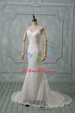 Extravagant White Spaghetti Straps Backless Lace Wedding Dress Brush Train Sleeveless