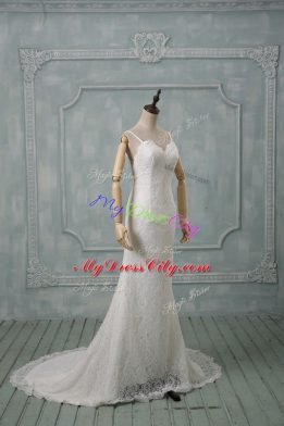 Extravagant White Spaghetti Straps Backless Lace Wedding Dress Brush Train Sleeveless