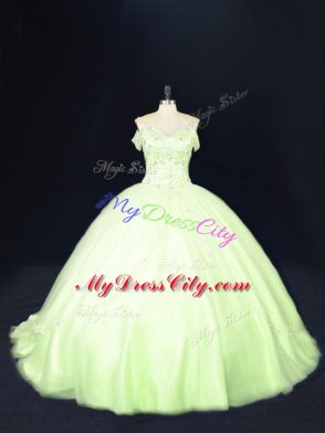 Pretty Yellow Green Tulle Lace Up Sweet 16 Dress Sleeveless Court Train Beading