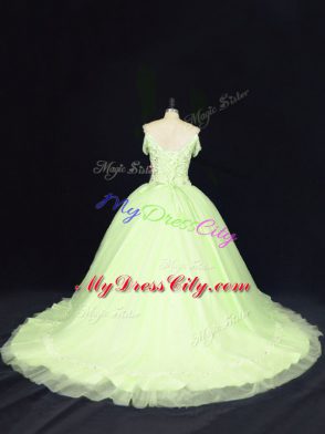 Pretty Yellow Green Tulle Lace Up Sweet 16 Dress Sleeveless Court Train Beading