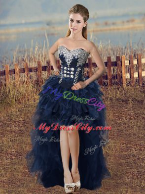 Trendy Navy Blue A-line Beading and Ruffled Layers Homecoming Dress Lace Up Organza Sleeveless High Low