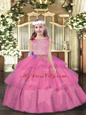 Pink Organza Zipper Kids Formal Wear Sleeveless Floor Length Beading and Ruffled Layers