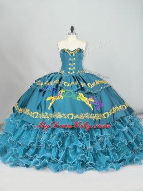 Lovely Brush Train Ball Gowns 15th Birthday Dress Teal Sweetheart Satin and Organza Sleeveless Lace Up