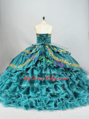 Lovely Brush Train Ball Gowns 15th Birthday Dress Teal Sweetheart Satin and Organza Sleeveless Lace Up